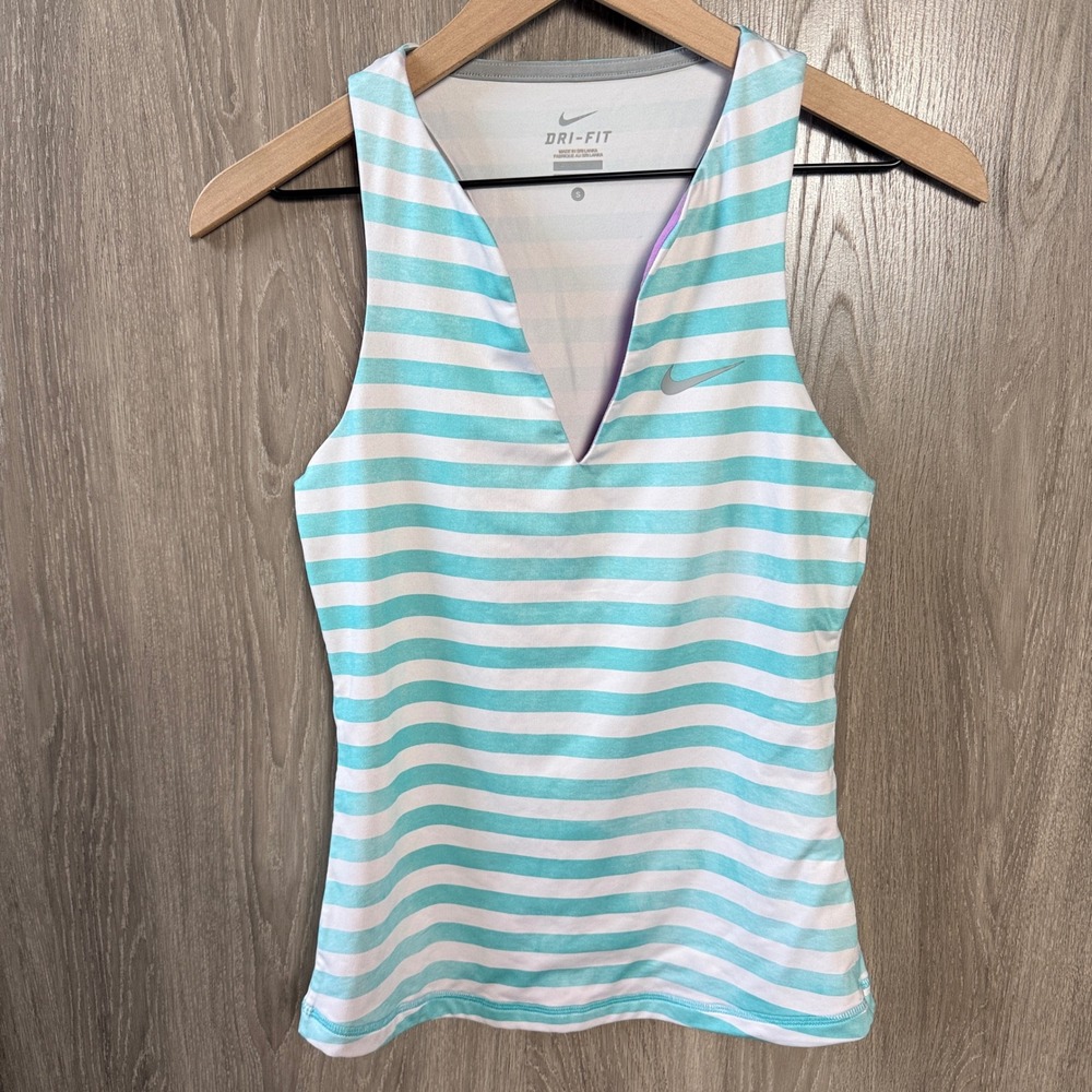 Nike Dri-FIT Tank Top Womens S Blue White Striped Racerback V-Neck Athletic